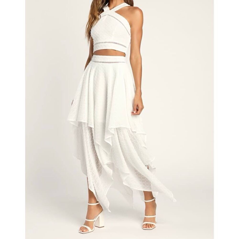 White Textured Two Piece Set Midi Skirt & Halter Crop Top | Boho Summer Outfit |